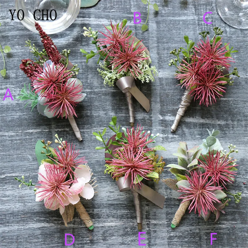 YO CHO Fake Wrist Flower Bridesmaid Sister Wedding Flower Decoration Corsage Bridegroom Boutonniere Pompom Artificial Succlent