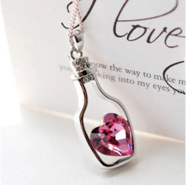 New  chain girl Crystal Silver Color pendant Women's Crystal Love Heart Drift Wishing bottle Necklace Gift Valentine's Day 19087