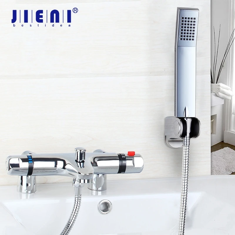 

JIENI Wall Mounted Thermostatic Basin Mixer Taps Faucet Set 1 Handle Bathroom Basin Sink Chrome Brass Bathtub Faucet Shower Set