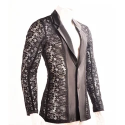 Sexy Latin Dance Tops for Male Black Lace Long Sleeve Shirt Men Ballroom Competitive Professional Fashion Chacha Clothes N001a