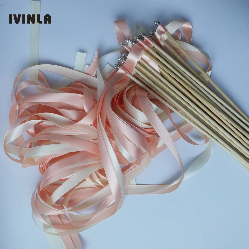 

New Arrived 50pcs/lot Champagne &coral stain ribbon wedding stick wands With sliver Bells for wedding party