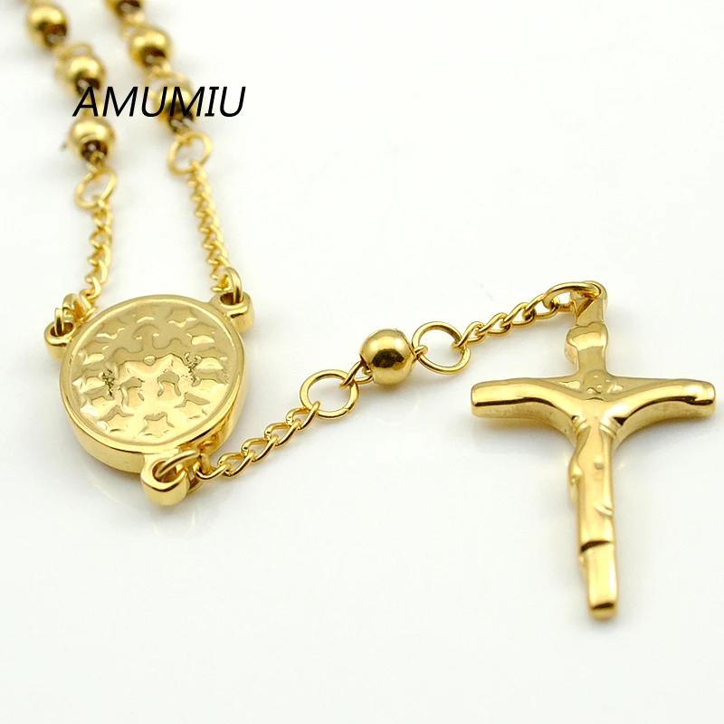 AMUMIU 20CM*4MM Women religious bracelet gold Color beads chain stainless steel rosary jewelry with cross new HZB052W4