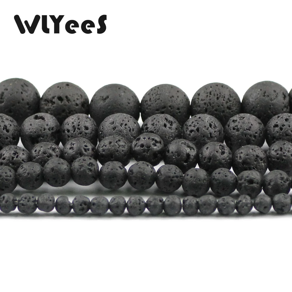 WLYeeS Wholesale black lava natural stone beads round loose bead 4 6 8 10 12mm ball for jewelry bracelet necklace making DIY 15\'