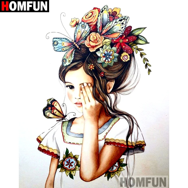 

HOMFUN Full Square/Round Drill 5D DIY Diamond Painting "Flower butterfly girl" Embroidery Cross Stitch 3D Home Decor Gift A16253