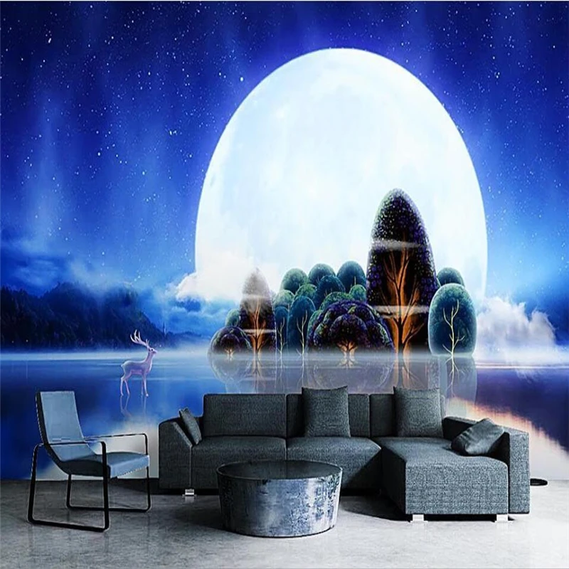 wellyu papel de parede Romantic beautiful moon blue forest deer dark night empty wall custom large fresco green wallpaper