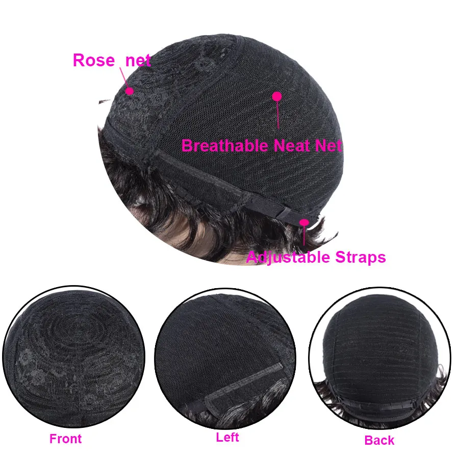 Pelucas de cabello humano brasileño corto para mujeres negras, Color Natural, Remy, sin pegamento, Bob corto, rizado, corte Pixie