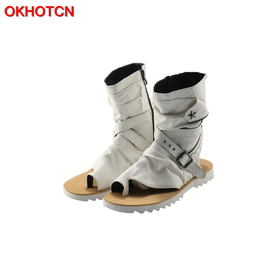 OKHOTCN Leather Summer Punk Style Men Sandals Open Toe Gladiator Boots Black Casual Flat Shoes Ankle Booties Mens Beach Shoes