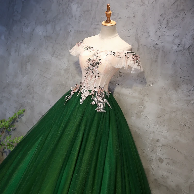 100% real cosplay green ruffled beading slash collar ball gown medieval dress Renaissance gown queen Victorian Belle Ball gown