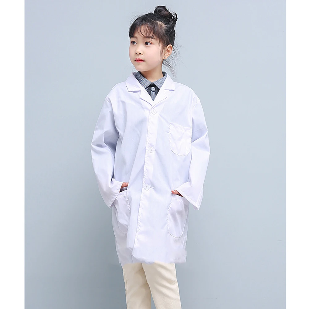 Children Unisex White Lab Coat Long Sleeve Pockets Uniform Work Wear Doctor Nurse Clothing Boy Girl White Pure Summer Spring