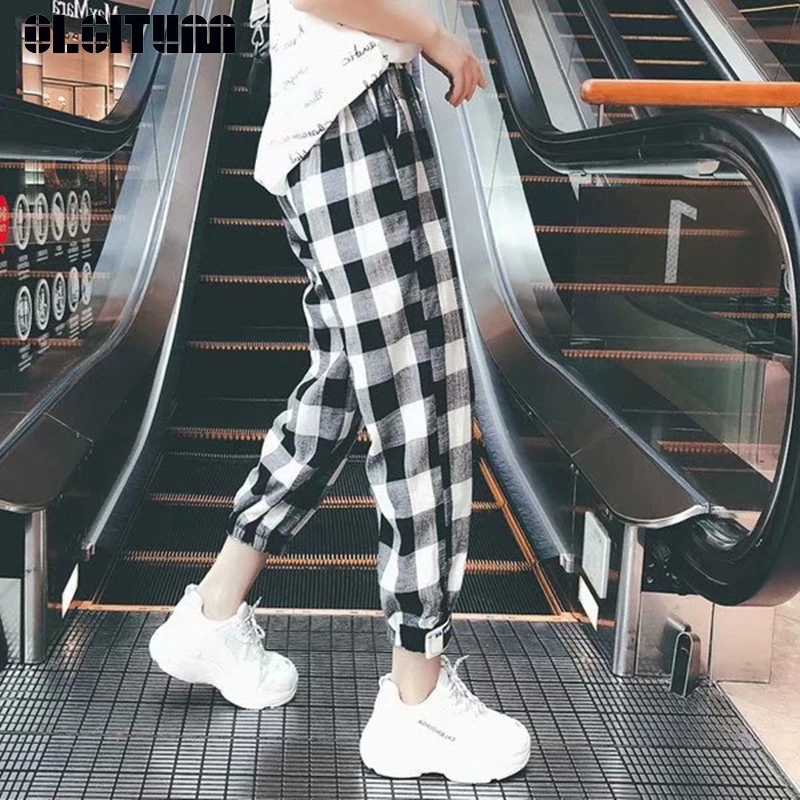 Vintage Black White Plaid Harem Pants Women for Summer Loose Casual Drawstring High Waist Women Trousers pantalones de mujer