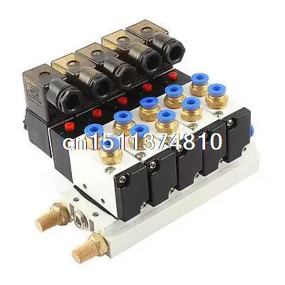 

DC 24V 2 Position 5 Way Quadruple Solenoid Valve w Base Push In Silencer