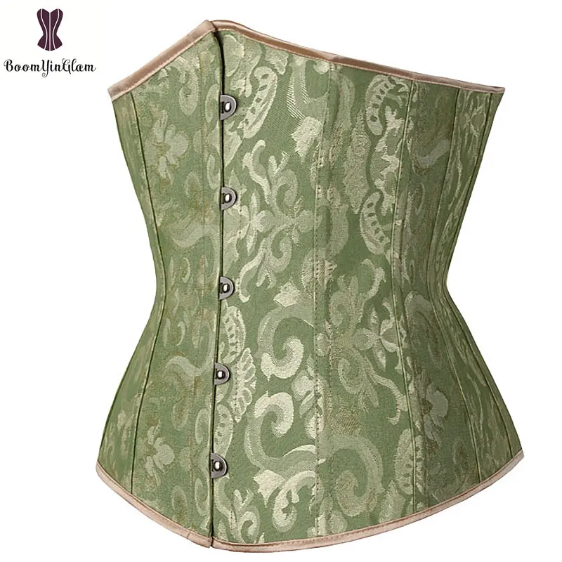 Espartilho Jacquard Floral Verde, Underbust Push Up Espartilhos, Plástico desossado Bustier, Plus Size, Cincher monocromático da cintura com