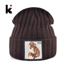 Moda Skullies czapki z haft z lisem Patch zimowe ciepłe czapki z dzianiny kobiety dwuwarstwowa Knitting czapeczka dziecięca mężczyźni kapelusz w jednolitym kolorze