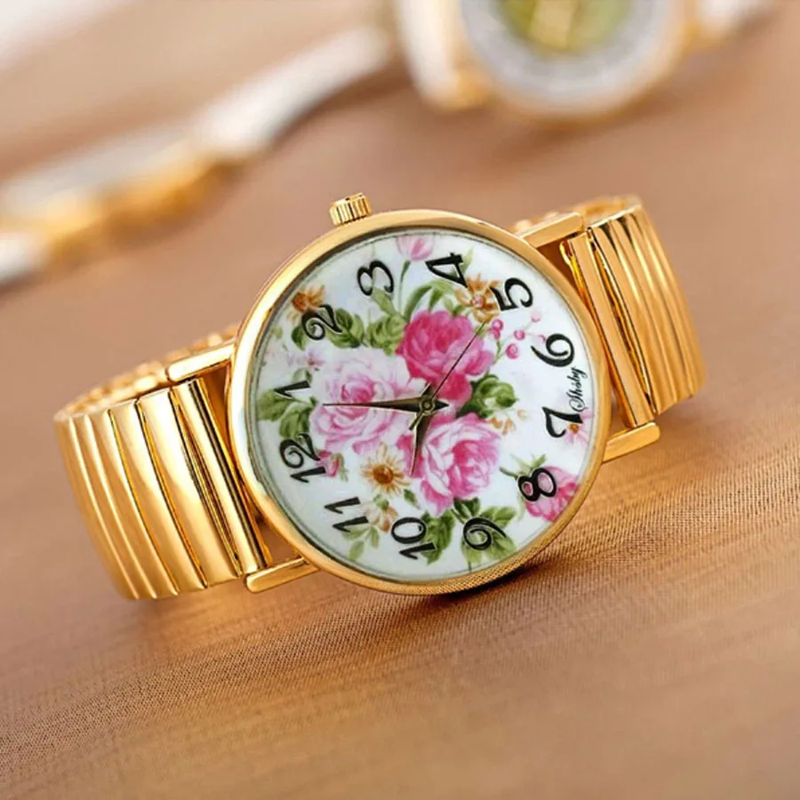 shsby new Elastic stainless watches women dress watches Gold watchband casual wristwatches Bright-coloured flower girl watches