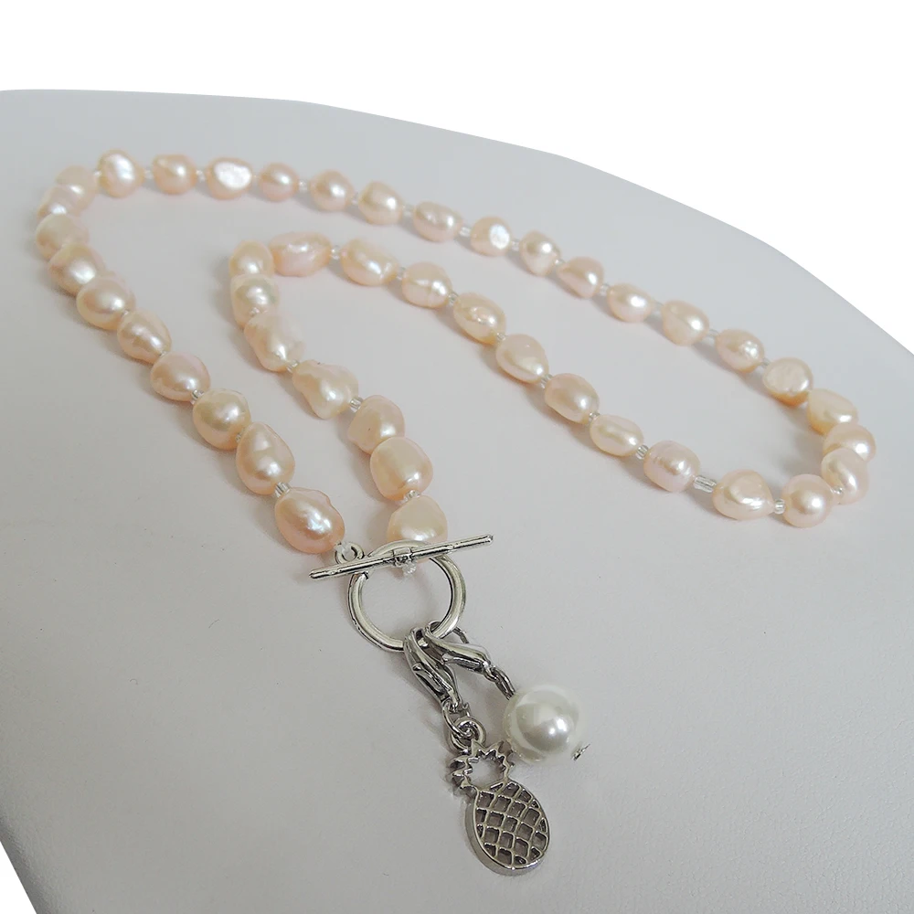 100% NATURE FRESHWATER PEARL NECKLACE ,long baroque pearl 7-9 mm,leaf,pineapple pendant