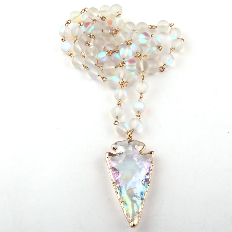 8mm Fashion Beautiful Shiny Crystal Rosary Chain  Crystal Arrowhead Pendant Necklaces Women Ethnic Necklace