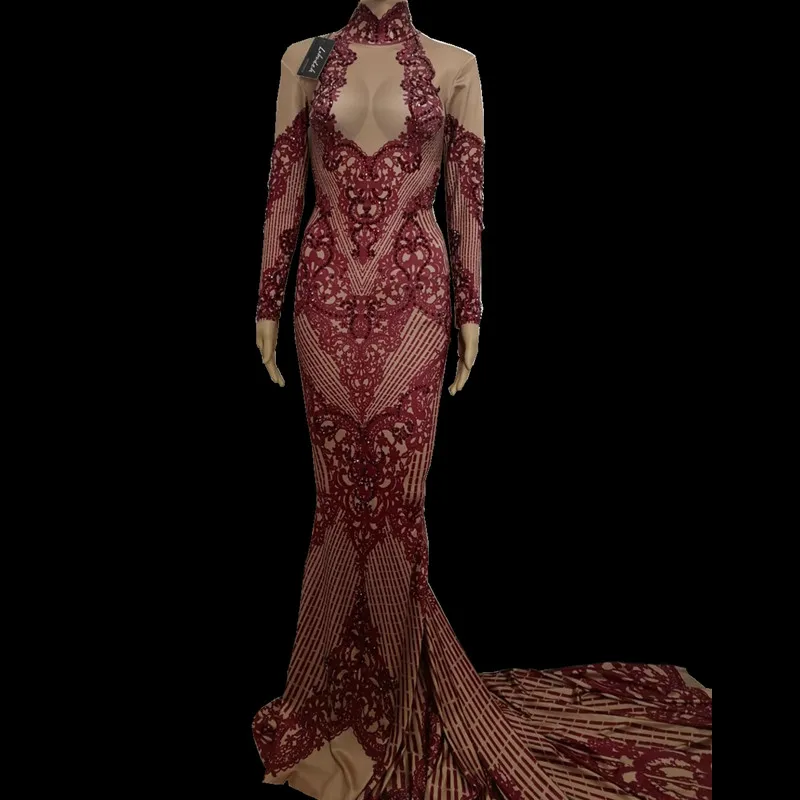 

Women Red White Printed Crystals Trailing Long Dress Fishtail Dress Occident Style Stage Adult Costume Party Celebration Outfits