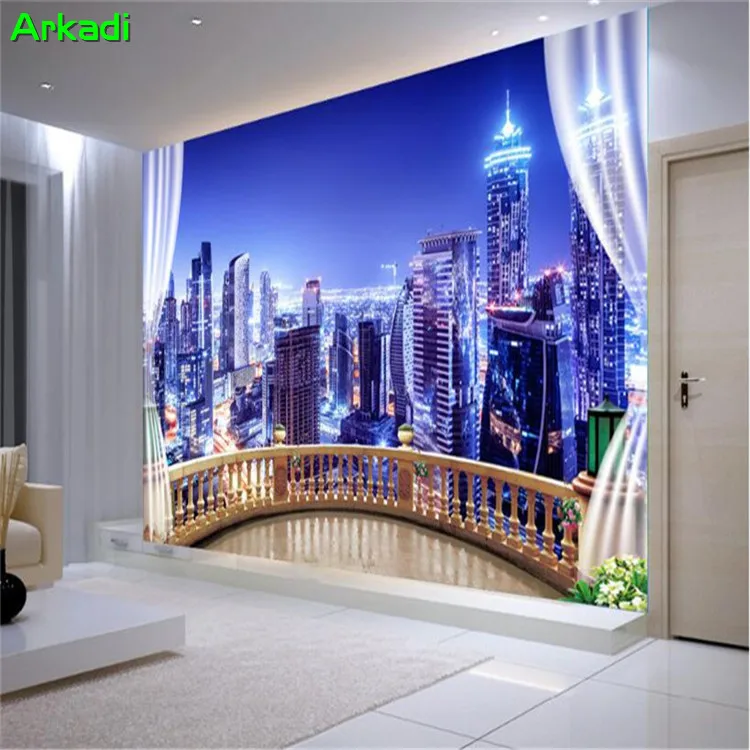 

Modern 3D wallpaper city building night landscape scenery photo living room restaurant KTV background wall bedroom decoration