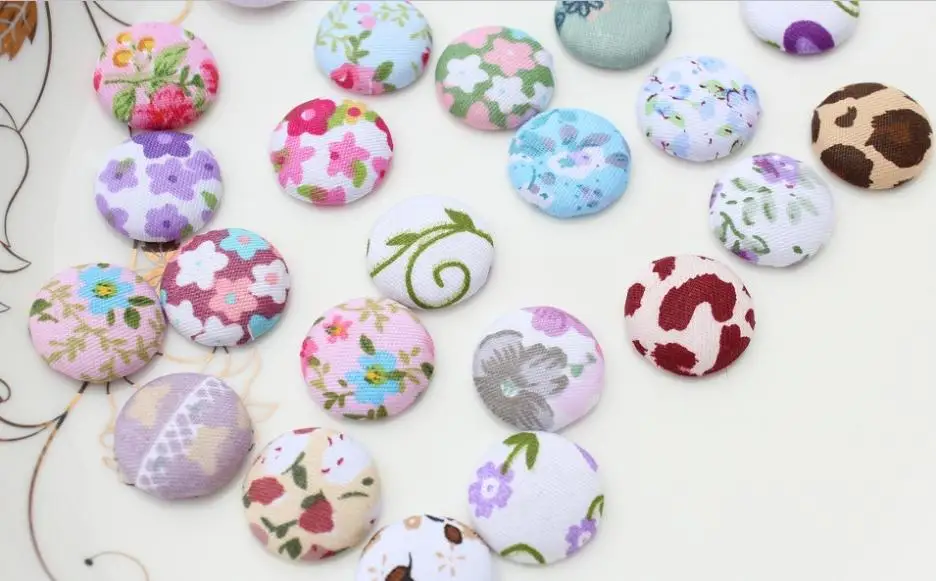 200pcs handmade Cotton Fabric Covered wrapped Buttons - flat backs 20mm, assorted colors floral,polka dots,gingham etc.