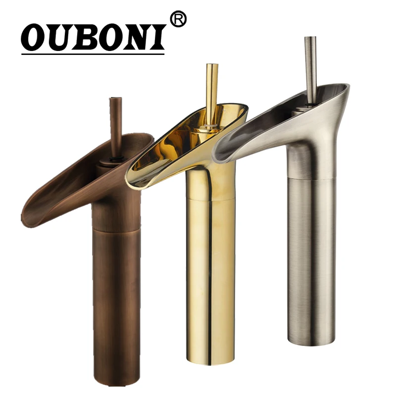 OUBONI Antique Brass Waterfall Bathroom Basin Sink Mixer Tap Faucet Nickel Golden Plated Black Hot & Cold Solid Brass Mixer Tap