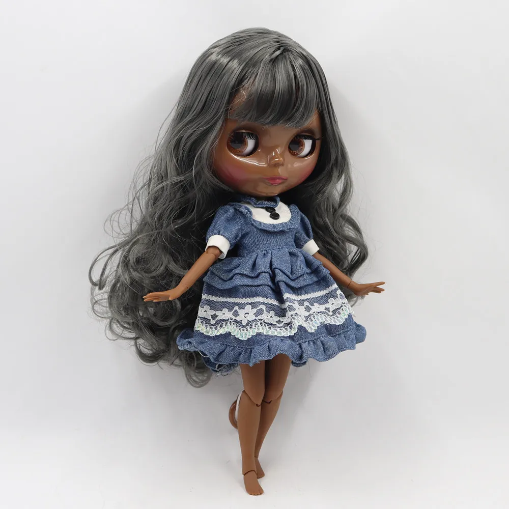 ICY DBS Blyth doll 1/6 bjd with super black skin and long grey curly hair glassy face, nude joint body girl gift