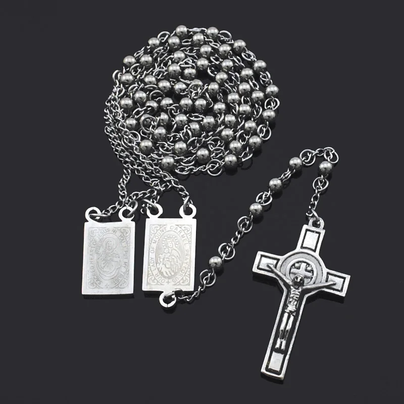 ATGO Rosary Beads Jesus Cross Religious Stainless Steel Necklace Womens Mens chain for men Hot Sale BRN18