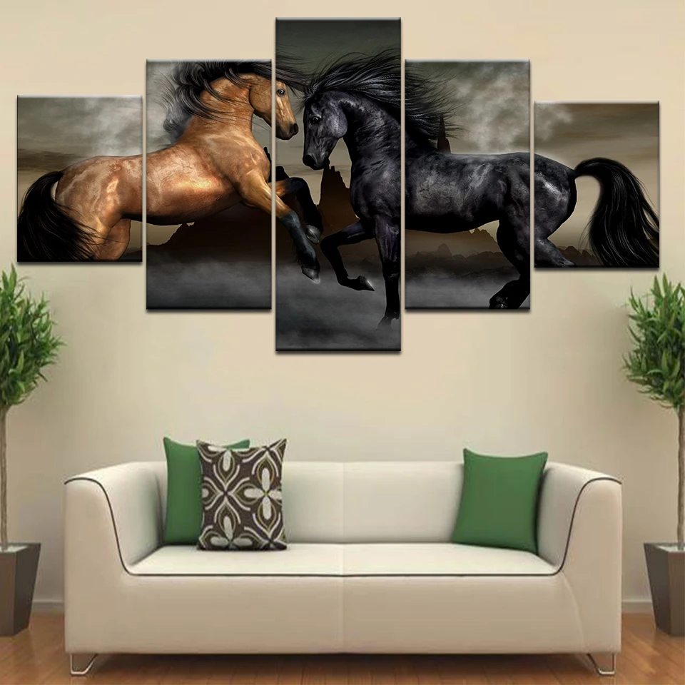 5PCS Black Brown Horse Canvas Prints animal modern wall posters Canvas Art Painting For home living room decoration