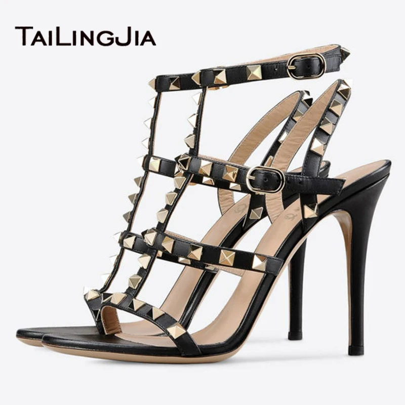 Women Sandals 2024 Black Summer Rivets High Heels Cool Girl Gold Studs Sandals Ladies Stilettos Shoes For Party Dress Plus Size