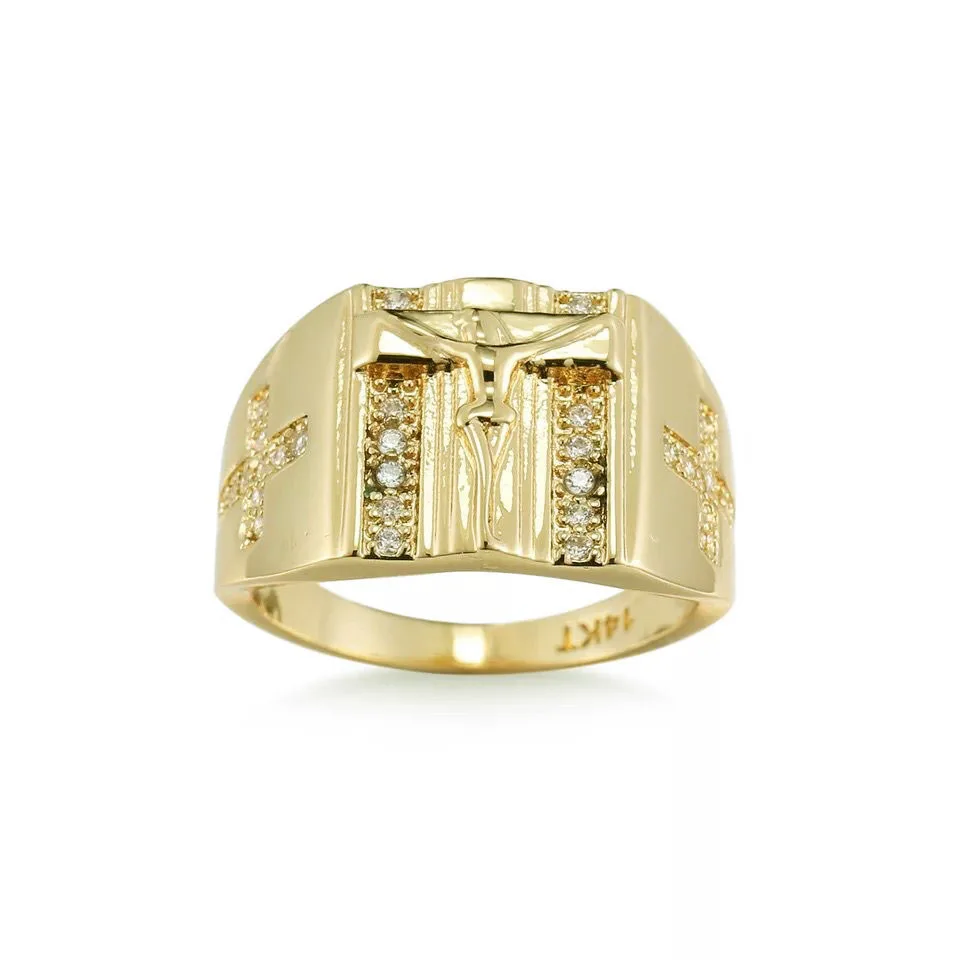 MGFam Cross Rings Jesus For Men 14 k Light Gold Color AAA+ Cubic Zircon Religious Christian jewelry 6/7/8/9/10 (US)