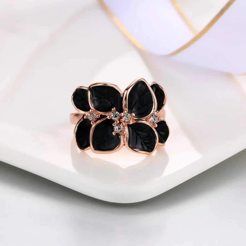 Double Fair Brand Romantic Leaf Black Drip oil Ring Rose Gold Color Vintage Fashion Jewelry For Women DFR678 DFR679