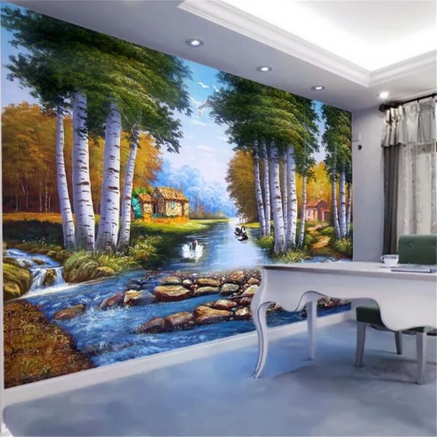 Custom wallpaper 3d mural fantasy forest swan creek landscape oil painting background wall papers home decor 3d papel de parede