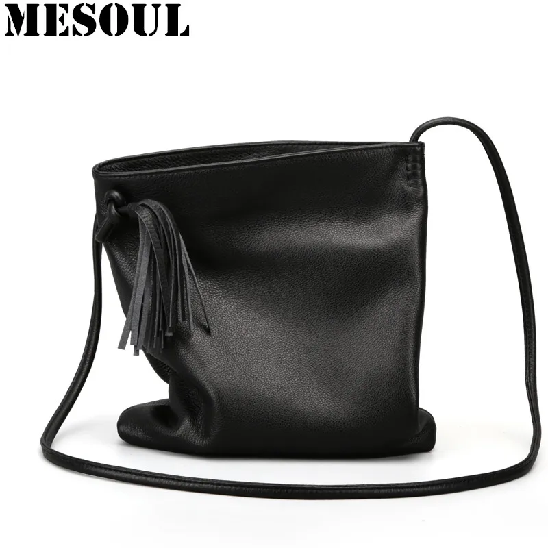 MESOUL Soft Genuine Leather Women Messenger Bags Small Crossbody Bag Female Fashion Shoulder Bags For Women Cowhide Tassel Bag