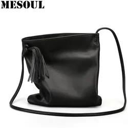 MESOUL Soft Genuine Leather Women Messenger Bags Small Crossbody Bag Female Fashion Shoulder Bags For Women Cowhide Tassel Bag