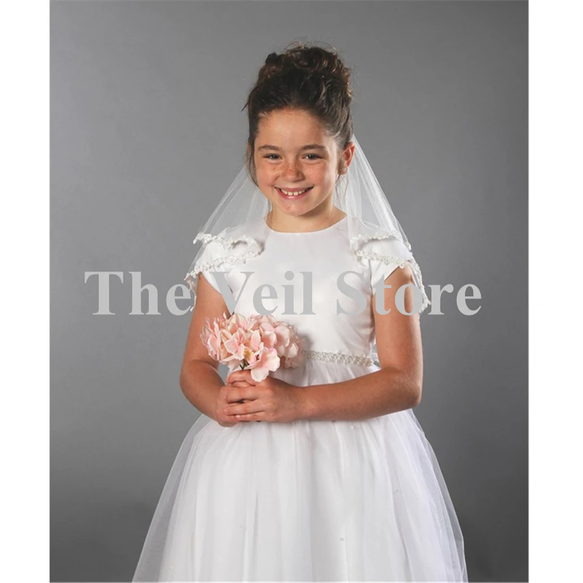 Voile de Mariage Double couche pour filles, Voile de première communion, en Tulle, bord appliqué, pour enfants