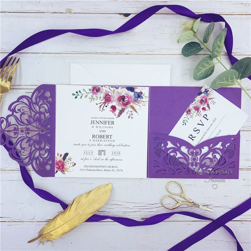 Purple Floral Pocket Laser Cut Wedding Invitations With Classic Fall Magenta Shades