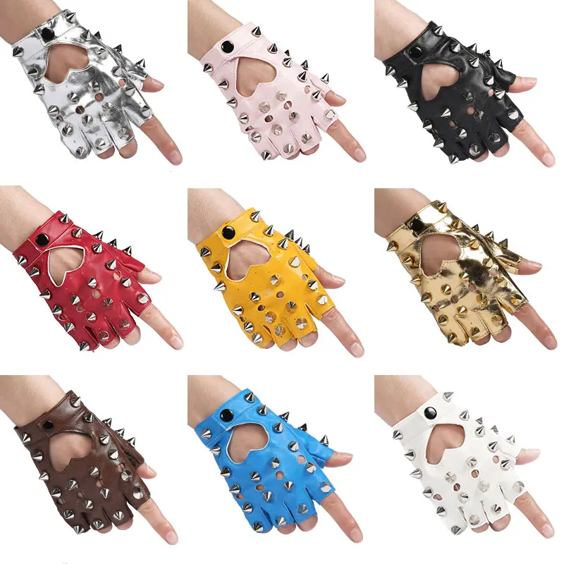 Women rivet gloves hip-hop star style heart cutout semi-finger dancing gloves lady's sexy punk glove R1319