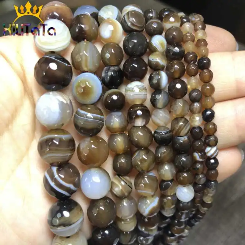 Natural Faceted Coffee Striated Agates Onyx Beads Round Loose Beads For Jewelry Making DIY Bracelet Necklace 15\'\' 4/6/8/10/12mm