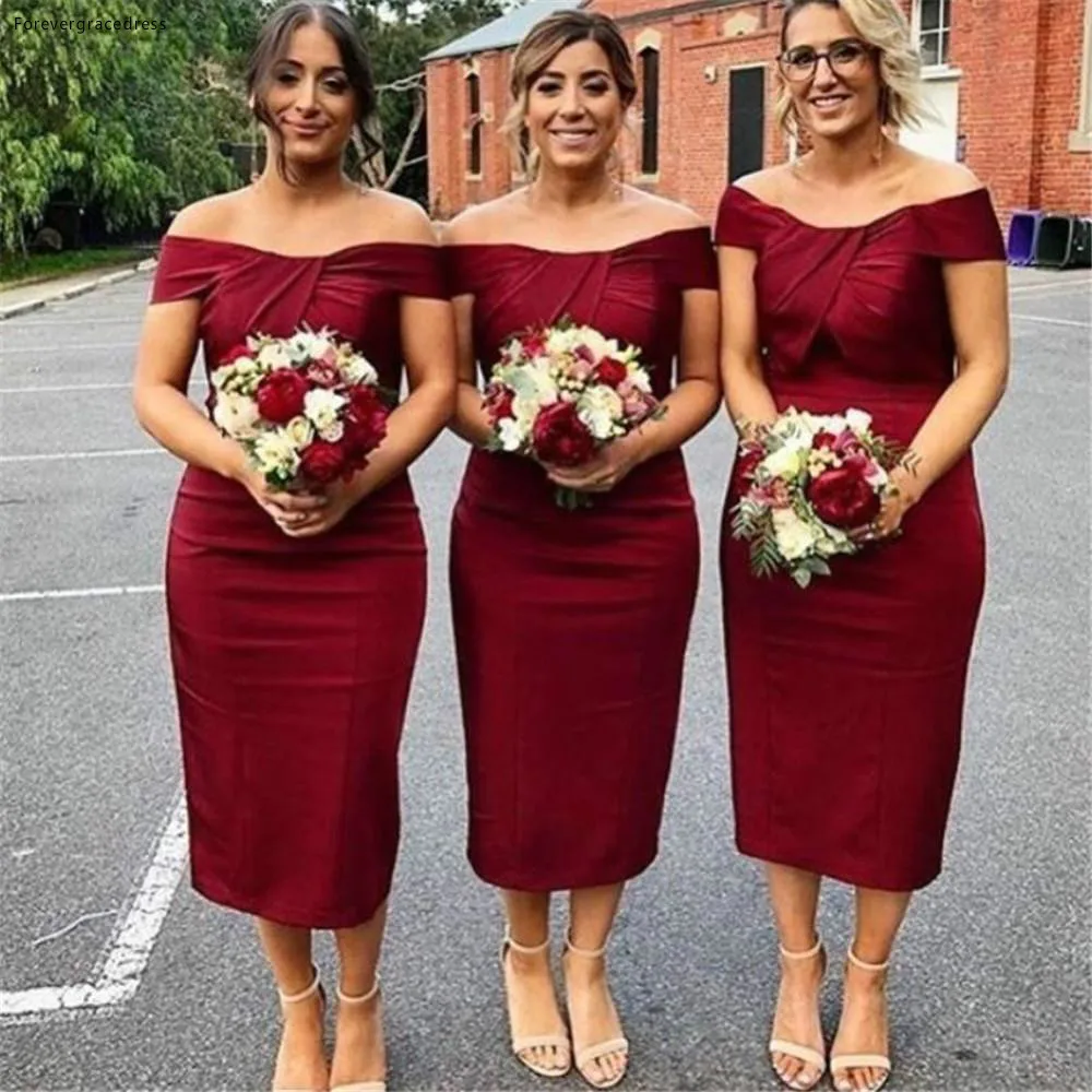 2019 burgundii druhna suknia Tea długość zachodniej lato kraj ogród ślubne formalne Party gości Maid of Honor suknia Plus rozmiar