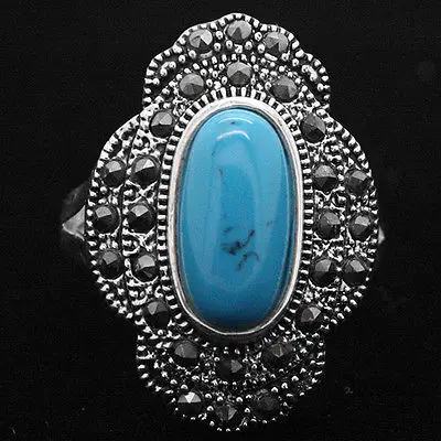 FREE SHIPPING 24*16mm Vintage Style Blue stone 925 Sterling Silver Marcasite Ring Size 7/8/9/10