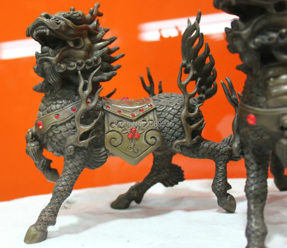 Chinese Folk Culture HandMade meticulous Pure Bronze statue Kirin Pair Sculpture