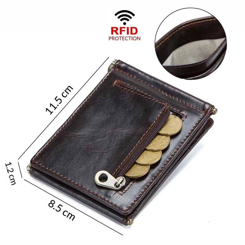 Vintage Crazy Horse Leather Men Money Clips 3 Folded Cash Clip Clamp For Money Zipper Coin Pocket 12 Card Slots Men Wallets RFID