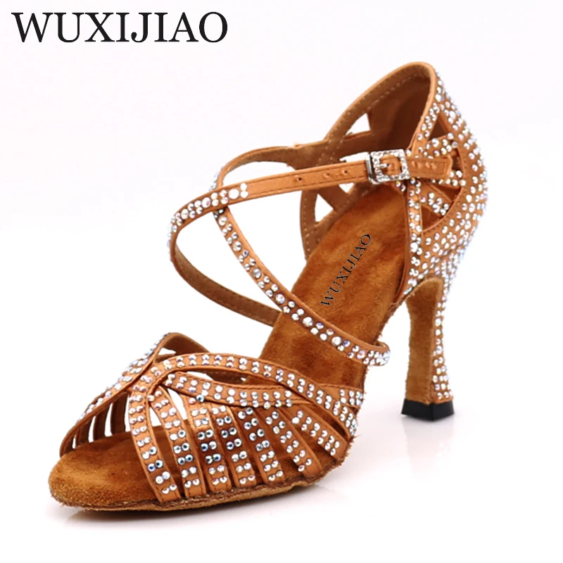 WUXIJIAO-zapatos de baile latino para mujer, calzado de Jazz, Salsa, salón, piel de bronce negro, tacón Curban