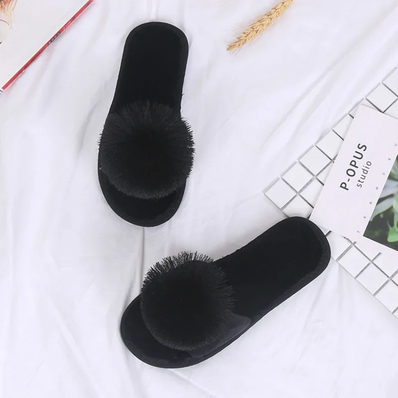 Taomengsi new fur ball slippers thickened plush home women\'s soft-soled non-slip floor open-toed red slippers all the year round