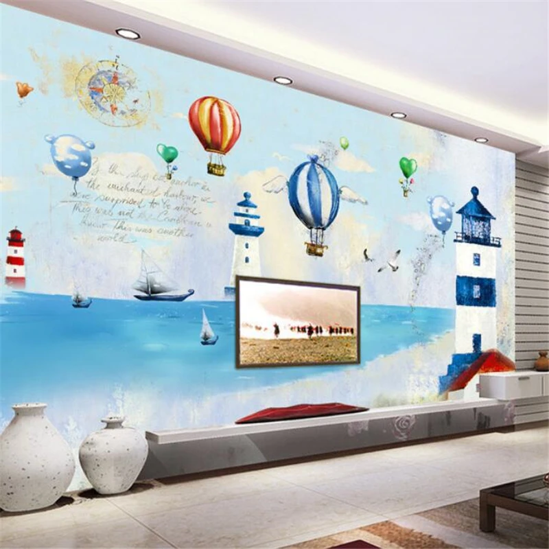 

wellyu 3d Custom wallpaper Hot Air Balloon Lighthouse Sea Landscape Oil Painting TV Background Wall hudas beauty wall paper