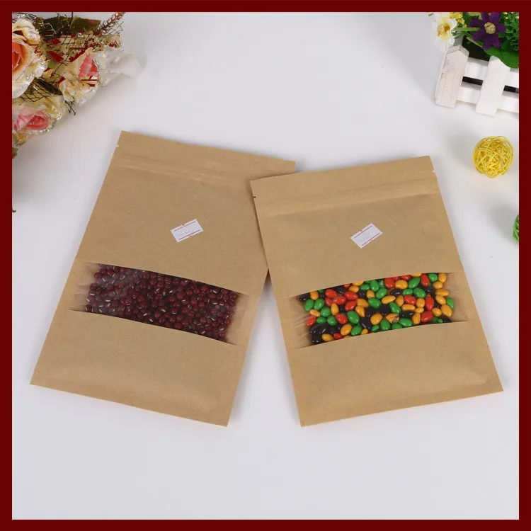 

18*26 100pcs brown self zip lock kraft paper bags with window for gifts sweets and candy food tea jewelry retail package paper