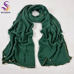 [BYSIFA] New Fall Winter Long Scarves Wraps Women Fashion Brand Pearl Pendant 100% Cotton Scarf Shawl Green,Grey,Red,Navy Blue