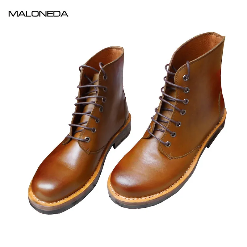 MALONEDE Handmade Retro Round Toe Men's Lace up Ankle Short Boots Genuine Leather Sole Bespoke With Goodyear welted