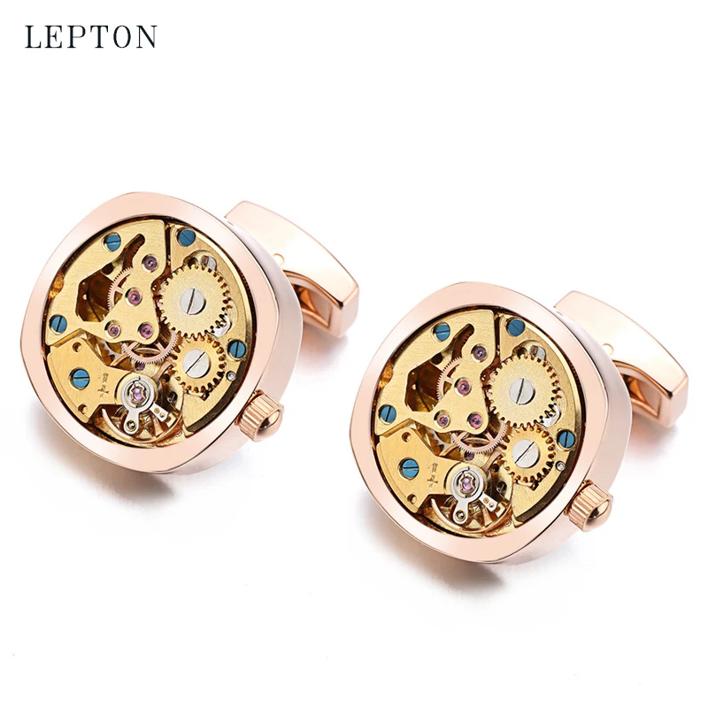 

LEPTON Newest Gold Watch Movement Cufflinks Immovable Stainless Steel Steampunk Gear Cufflink For Mens Groom Relojes gemelos