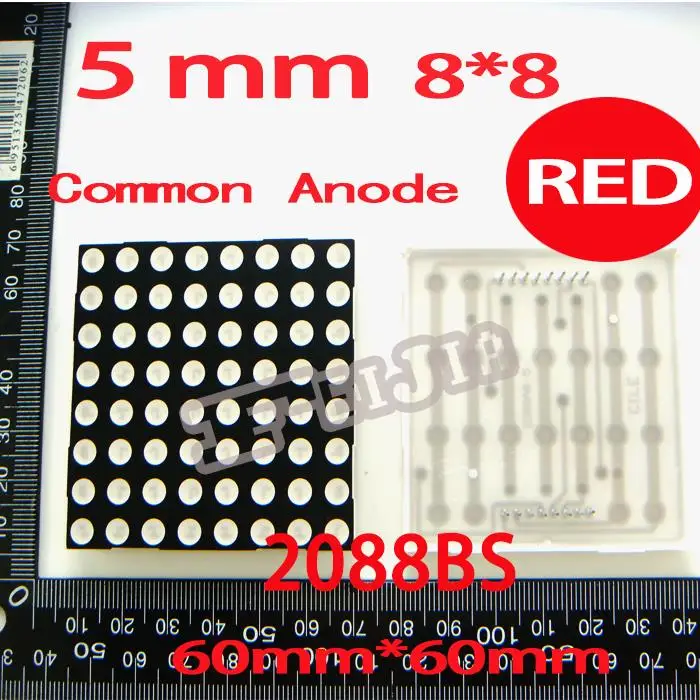 

5PCS/LOT 5MM 8X8 Red Common Anode 60*60 LED Dot Matrix Digital Tube Module 2088BS Advertising Light Free shipping