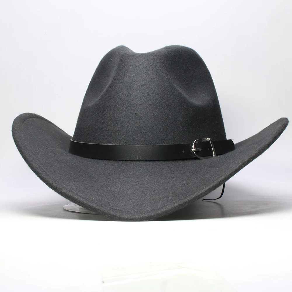 Vintage inverno pai-filho mulher homem/criança lã ampla borda cowboy western hat cowgirl bowler boné faixa de couro preto (61/57//54cm)